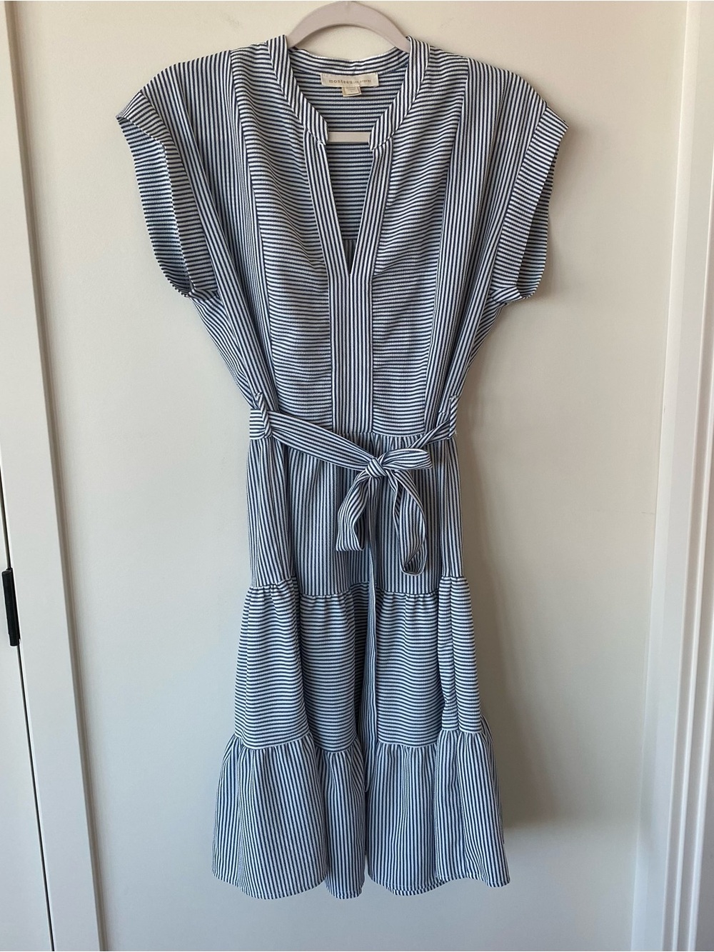 Striped Blue and White Midi Tiered Tie-Waist Dress